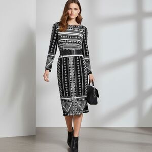 Beige by eci Black White Geometric Print 3/4 Sleeves Jersey Shift Dress Size 8